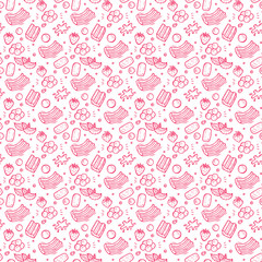 Sweets. Strawberry and Mint Bubble Gum Seamless pattern. Hand Drawn Doodle Chewing Gums. Pink Vector illustration
