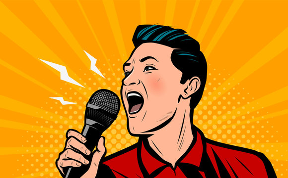 Man screaming loudly into microphone. Retro comic pop art vector illustration