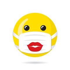Happy Face Protected with Ready to Kiss Lips on Medical Face Mask Cheering Up Concept During Coronavirus Pandemia - Red and Yellow on White Background - Mixed Graphic Design