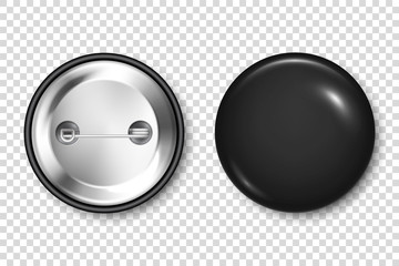 Realistic black blank badge. 3D glossy round button. Pin badge mockup. Vector illustration.