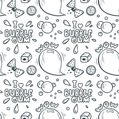 Sweets. Bubble Gum Seamless pattern. Hand Drawn Doodle Chewing Gums. I love bubble gum.Black and White Vector illustration
