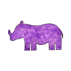 Rhinoceros, hand drawn watercolor illustration, isolated mammal, purple animal