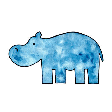 recommend clip art: Hippo, blue animal, hand drawn watercolor illustration, isolated mammal
