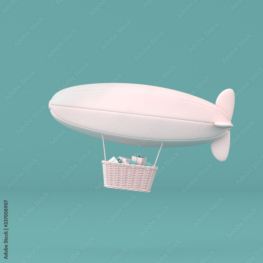 Poster minimal concept of floating airship and present box in the basket on pastel background. 3D rendering.