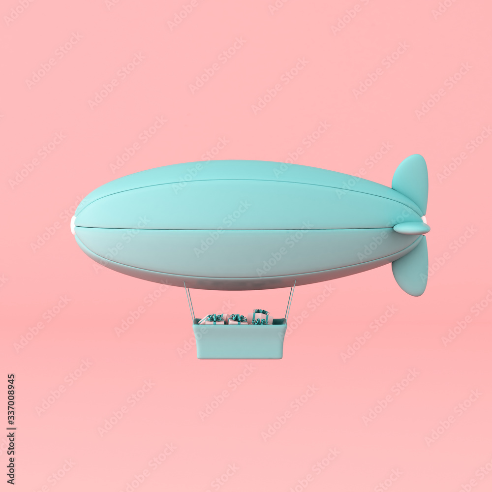 Poster minimal concept of floating airship and present box in the basket on pastel background. 3D rendering.