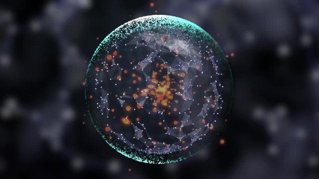 Floating transparent globe with fiery shining particles and magic dust fluctuating inside over drk background.