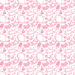 Sweets. Bubble Gum and Fruits Seamless pattern. Hand Drawn Doodle Chewing Gums. Pink Vector illustration
