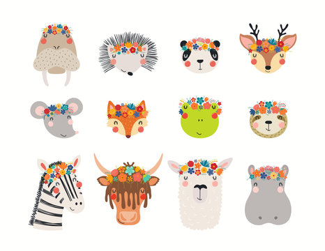 Big set with cute funny animals in flower crowns. Hand drawn vector illustration. Isolated objects on white background. Scandinavian style flat design. Concept for children spring, summer print.