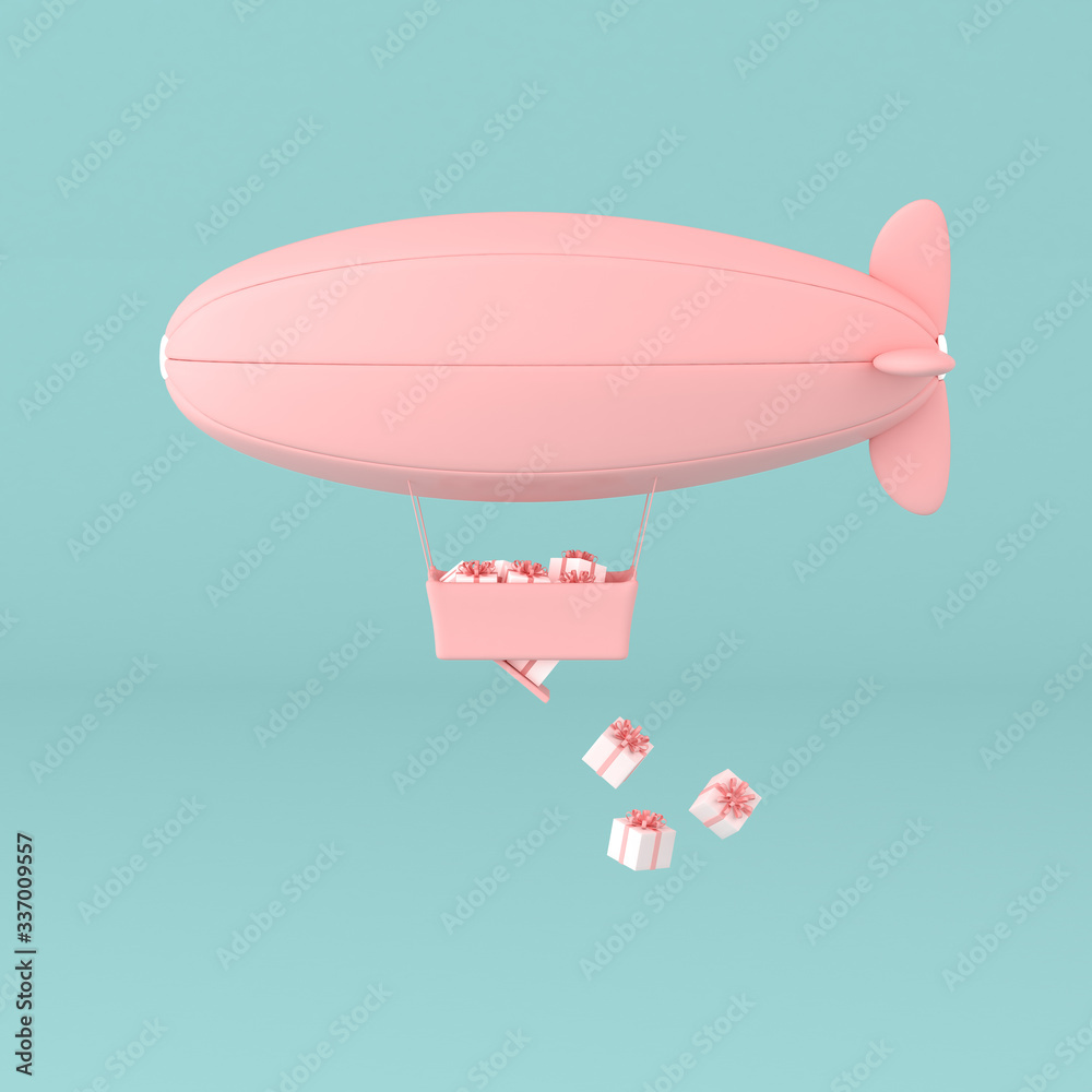 Poster minimal concept of floating airship and present box in the basket on pastel background. 3d rendering