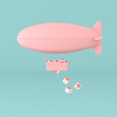 minimal concept of floating airship and present box in the basket on pastel background. 3D rendering. © nuchao