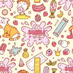 Bubble Gum Seamless pattern. Hand Drawn Doodle Chewing Gums. I love bubble gum. Sweets. Vector illustration
