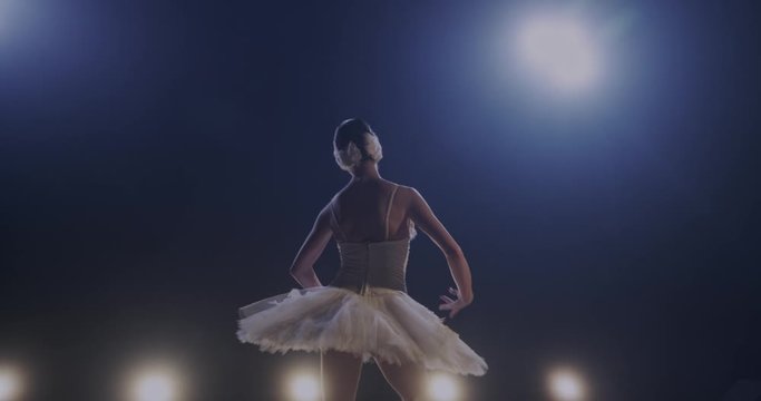 Back view on pretty young ballerina leaning on side and doing dancing pas in blue spotlight on stage during performance. Rear of classical ballet dancer in white tutu training and working hard.