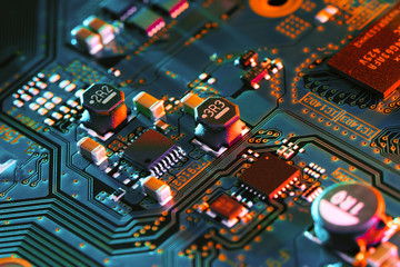 Electronic circuit board close up.