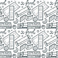 Sweets. Chewing Gum Seamless pattern. Hand Drawn Doodle Bubble Gums. Black and White Vector illustration
