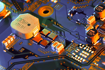 Electronic circuit board close up.