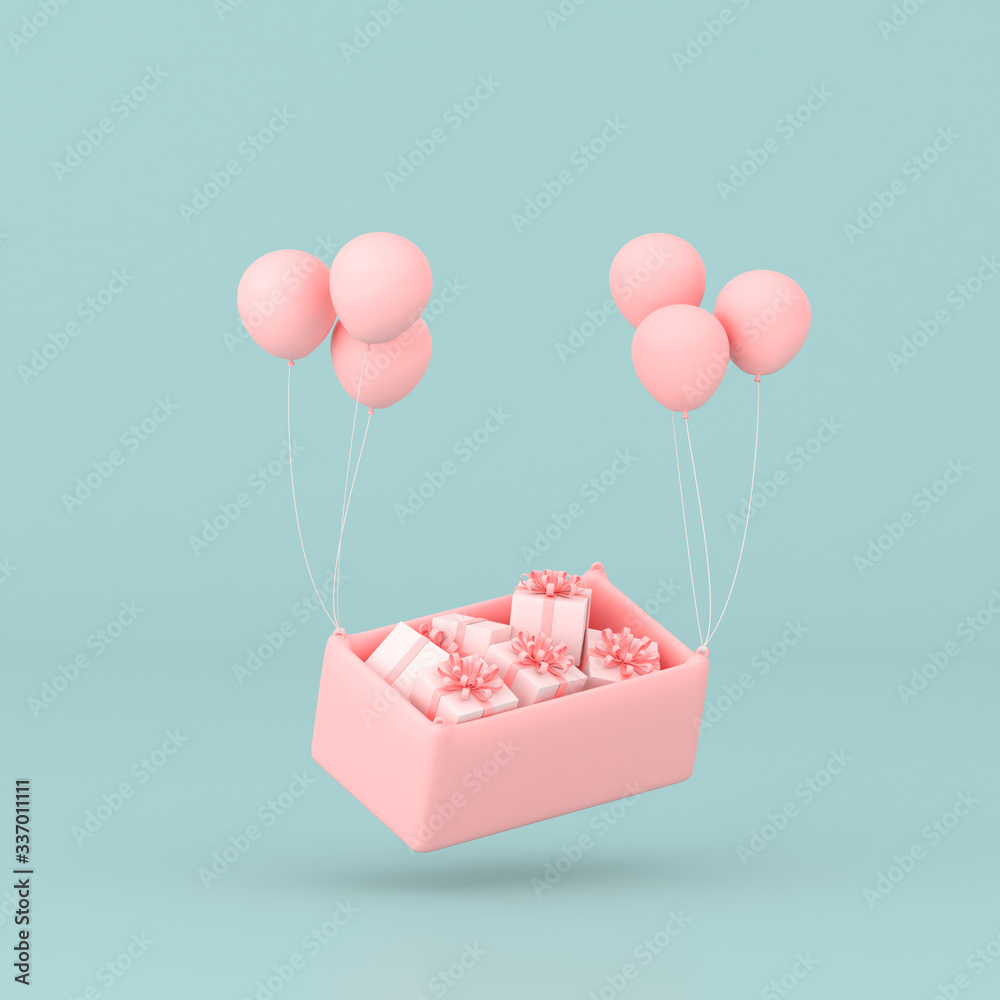 Poster minimal conceptual idea of present boxes in the basket surround by pink balloons on pastel backgroun