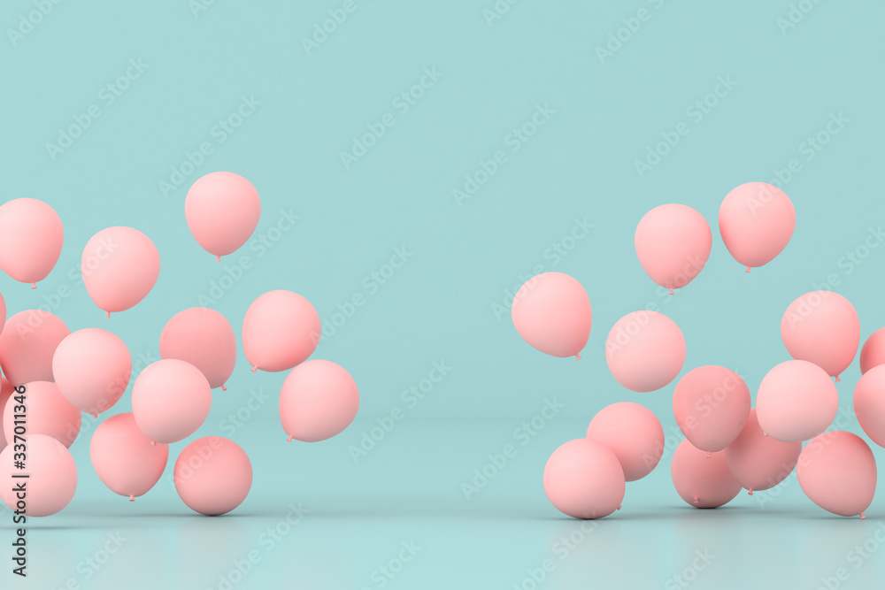 Poster minimal conceptual idea of floating pink balloons on pastel background. 3d rendering
