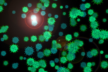 small virus covid 19 ball glow green blue was floating in the air on black screen