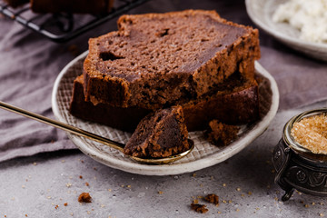 Banana bread with cocoa, slices with cottage cheese, delicious breakfast, selective focus