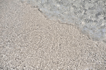Clear ocean water and ocean wave on a sandbank on a sandy beach. Background of transparent water surface.