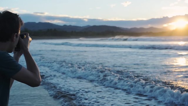 Sea Waves Running To The Shore In Costa Rica With Bright Sun In The Background Captured By A Photographer With His Camera During Sunset  - Panoramic Shot