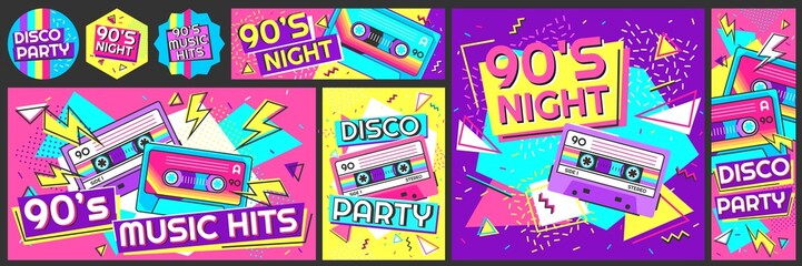 Funky 90s disco party poster. Nineties music hits banner, 90s dancing night invite and retro stereo tape vector illustration set. 90s stereo poster and flyer, music trend dancing - obrazy, fototapety, plakaty