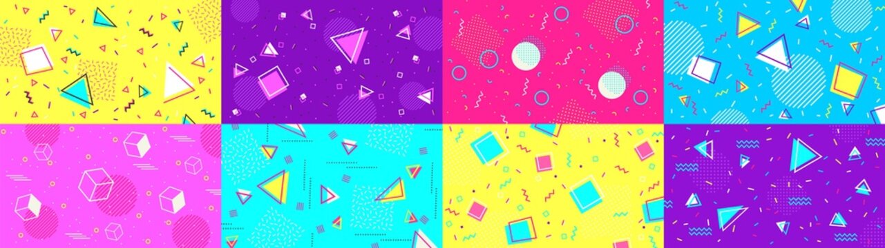 Funky 90s memphis background. Abstract hipster shapes and funky geometric patterns, 1980s pop backdrop vector illustration set. Background fashionable trendy, graphic creative geometric