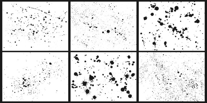 Ink splatter background. Abstract black paint splashes, splashed inks drips and dots stains silhouette vector set. Splash grunge ink, stain on card illustration