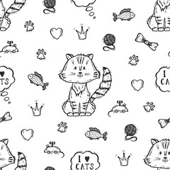 Vector Seamless pattern with Cute Cat and accessories for Pets. I love cats. Hand Drawn Doodle Kitten
