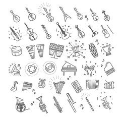 Outline flat vector icons. music classic instruments.