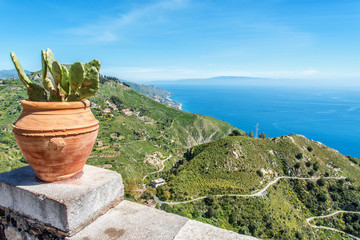 Views of the Sicilian countryside and the Mediterranean Sea from Castelmola in Sicily, Italy