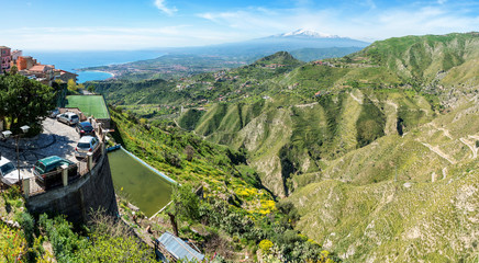 Views of the Sicilian countryside and Mount Etna from Castelmola in Sicily, Italy