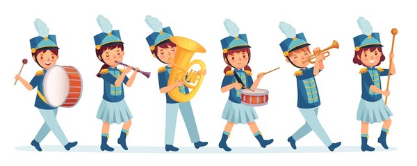 Cartoon kids marching band parade. Child musicians on march, childrens loud playing music instruments cartoon vector illustration. Entertainment parade, performer drum and music band
