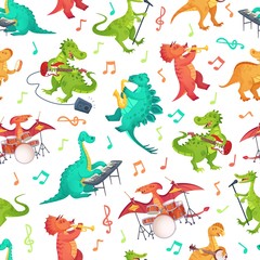 Seamless cartoon music dinosaurs pattern. Dino band, cute dinosaur playing music instruments and rockstar tyrannosaurus vector illustration. Dinosaur rock musician, musical playing guitar