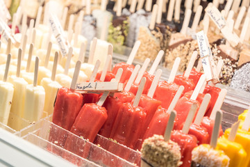 Colourful Popsicles in an ice cream shop in Taormina in Sicily, Italy - 337014314
