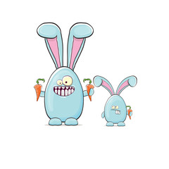 Vector Cartoon funny blue easter bunny isolated on white background. Easter hand drawn blue cute rabbit sticker or label