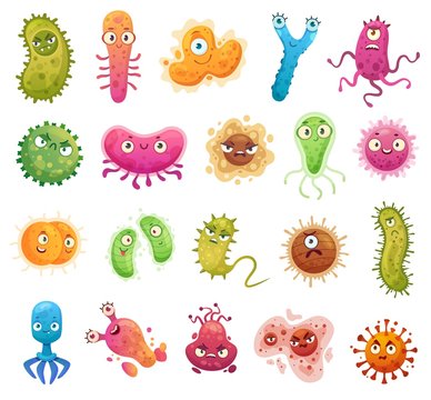 Cartoon bacteria mascot. Virus character, bacterias with funny faces. Color microbes and disease viruses isolated vector illustration set. Monster creature organism, bacteria and microbe