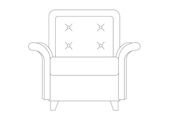 The single-seat luxury armchair was drawn in CAD drawing. Single line drawing in black and white. 


