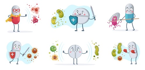 Antibiotic fight bacteria and virus. Strong antibiotics pills with shield protect from bacterias, medical pill vs viruses vector cartoon illustration set. Medical antibiotic character care with shield - obrazy, fototapety, plakaty