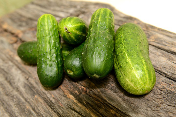 Fresh cucumbers on a wooden table close-up.