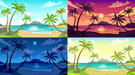 Fototapeta na wymiar Daytime beach landscape. Sunny day seascape, night ocean and sunset beach cartoon vector illustration set. Beach landscape, outdoor travel scene sea daytime