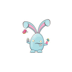 Vector Cartoon funny blue easter bunny isolated on white background. Easter hand drawn blue cute rabbit sticker or label