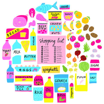 Collection set of grocery stuff. Shopping list. Isolated on white background. Colorful packed food. Meat,fish,bread, milk, fruits, vegetables, flour, honey,vine,coffee,cheese. Hand drawn doodle vector