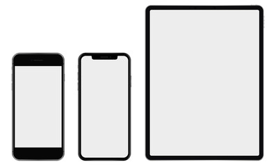 2 mobile phones and 1 tablet with blank displays on white background. Perfect for web design, ui/ux and product presentation. Realistic devices for your design project.