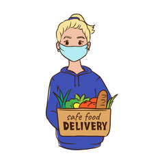 Safe contactless food delivery service concept, girl courier in mask holding paper package with grocery to door after online order, meal delivery in case of epidemic situation to safe those stay home