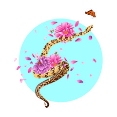 python with dahlia flowers and butterfly. Print for t-shir.