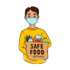 Safe contactless food delivery service concept, boy courier in mask holding paper package with grocery to door after online order, meal delivery in case of epidemic situation to safe those stay home