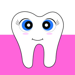 Cute tooth with big eyes and mouth, smiling, and gum. Vector stock illustration