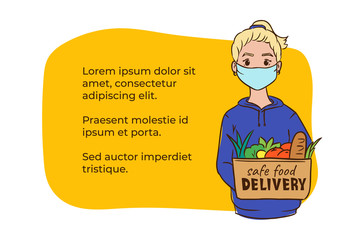Safe contactless food delivery service concept, girl courier in mask holding paper package with grocery to door after online order, meal delivery in case of epidemic situation to safe those stay home