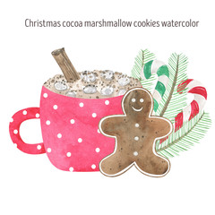 Christmas composition watercolor cocoa cookies marshmallow
